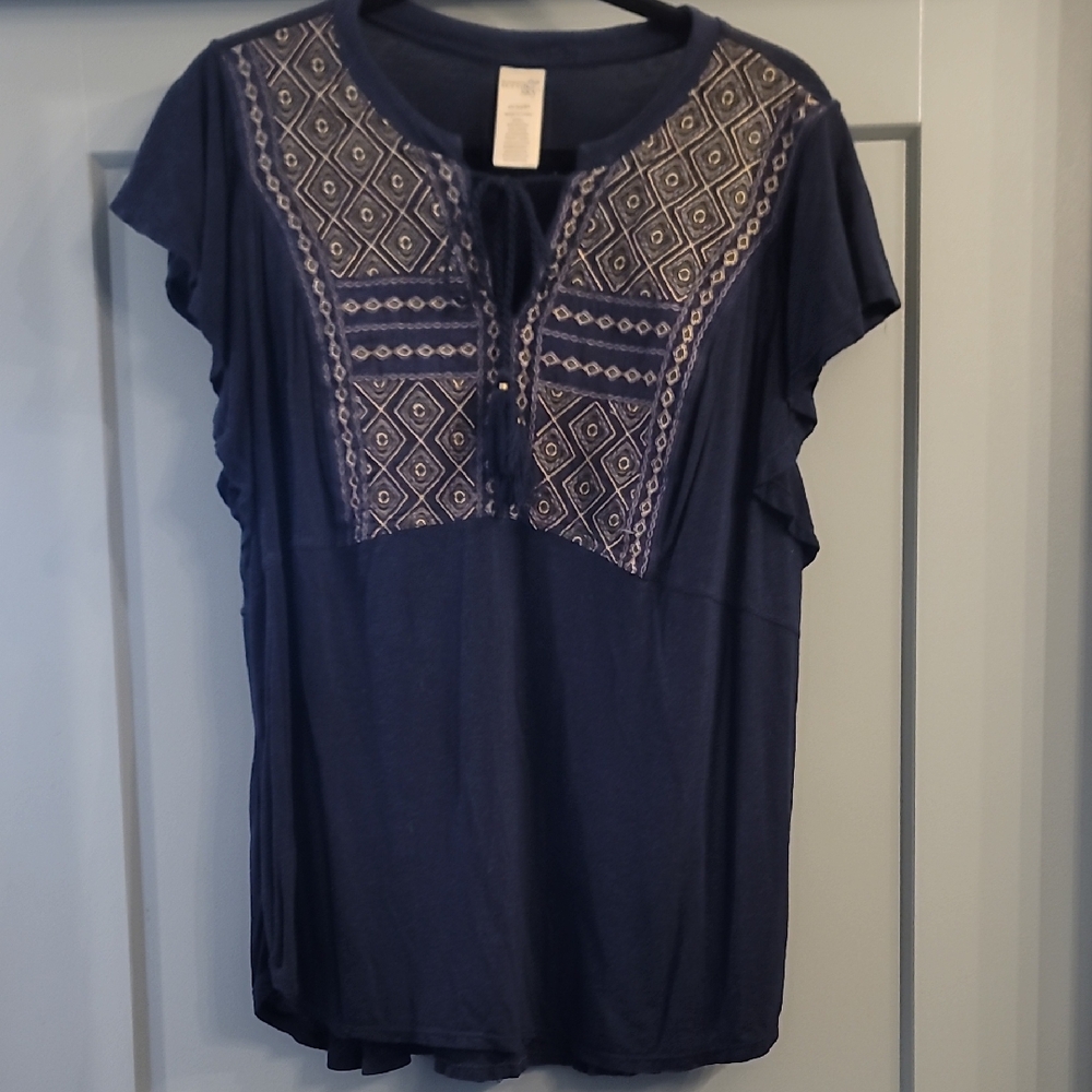 Terra & Sky Dark Blue Blouse with Geometric Embroidery